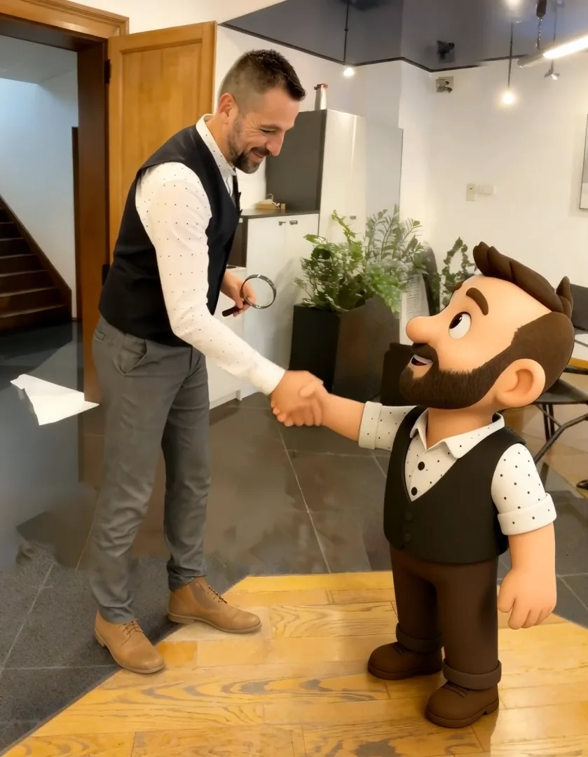 The real Christophe shaking hands with his 3D animated double in the office