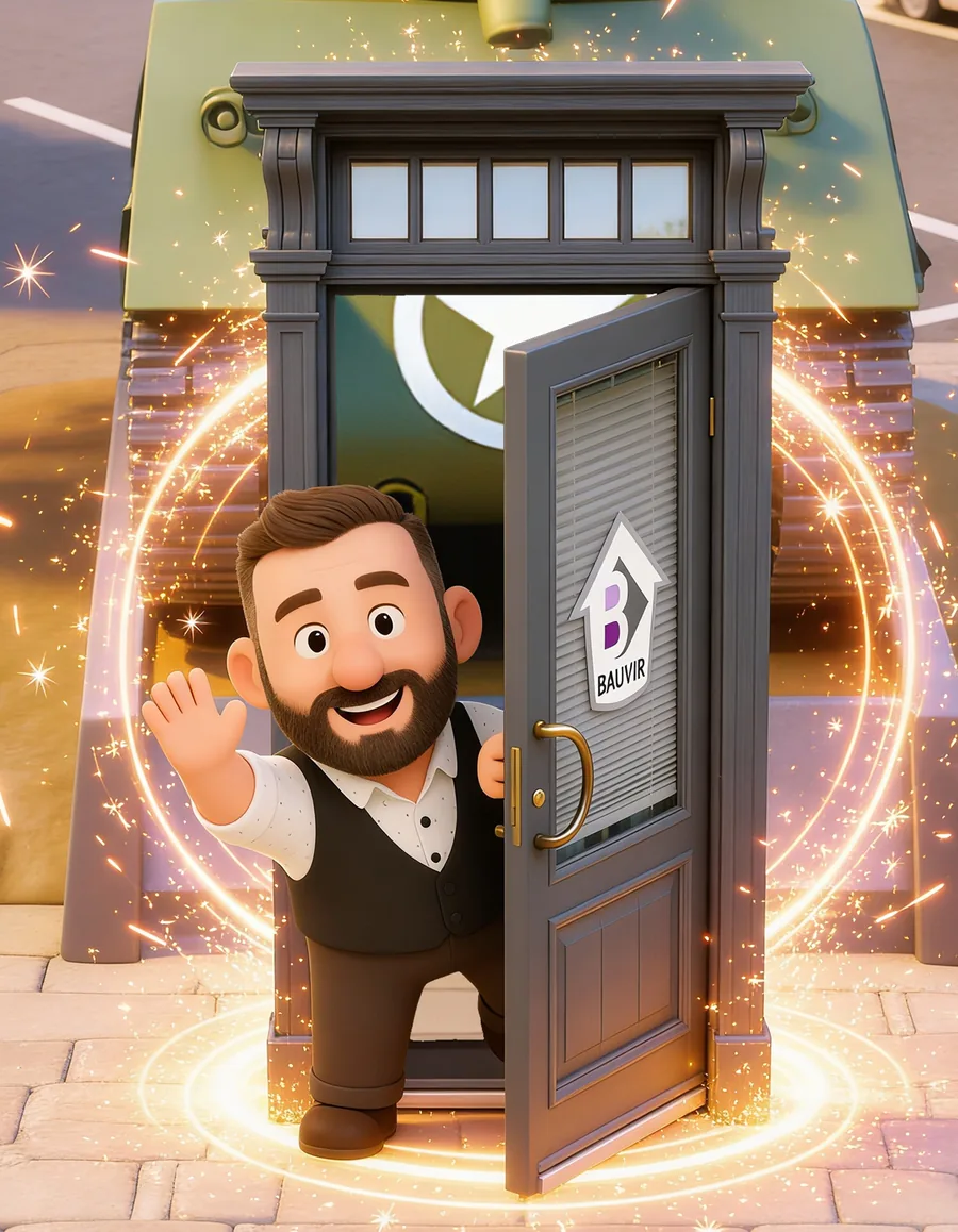 Mini-Christophe waving from a glowing magic door marked with the Bauvir logo