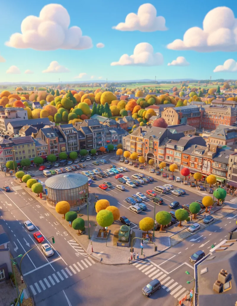 Aerial view of Place McAuliffe in Bastogne, rebuilt as a stylised 3D town