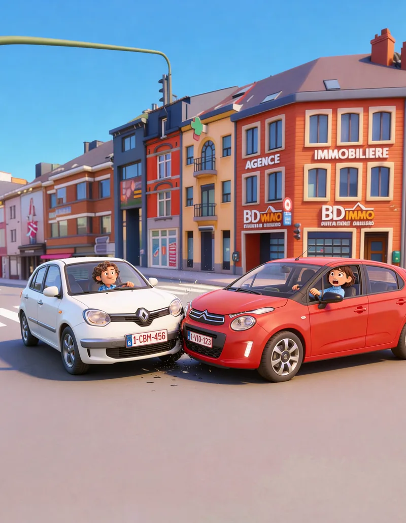 A white car and a red car after a light collision in front of an estate agency