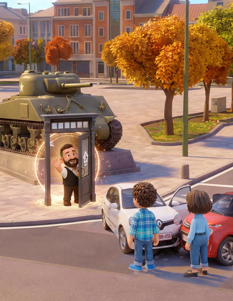 A magic door opens beside the Sherman tank and Mini-Christophe steps out towards the two drivers