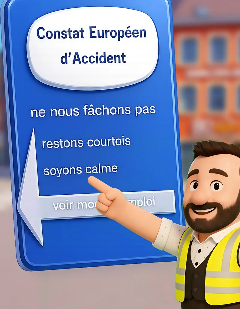 Mini-Christophe in a hi-vis vest pointing at the blue cover of the European accident statement