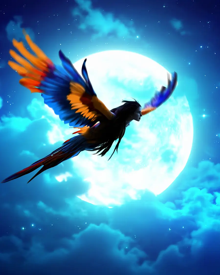 A blue macaw flying across a full moon in a night sky