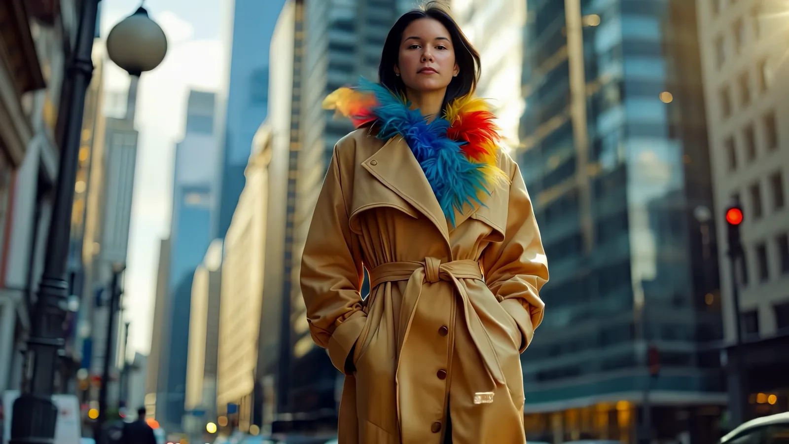The singer in a camel trench coat with a feather collar on a New York avenue, parrots flying past