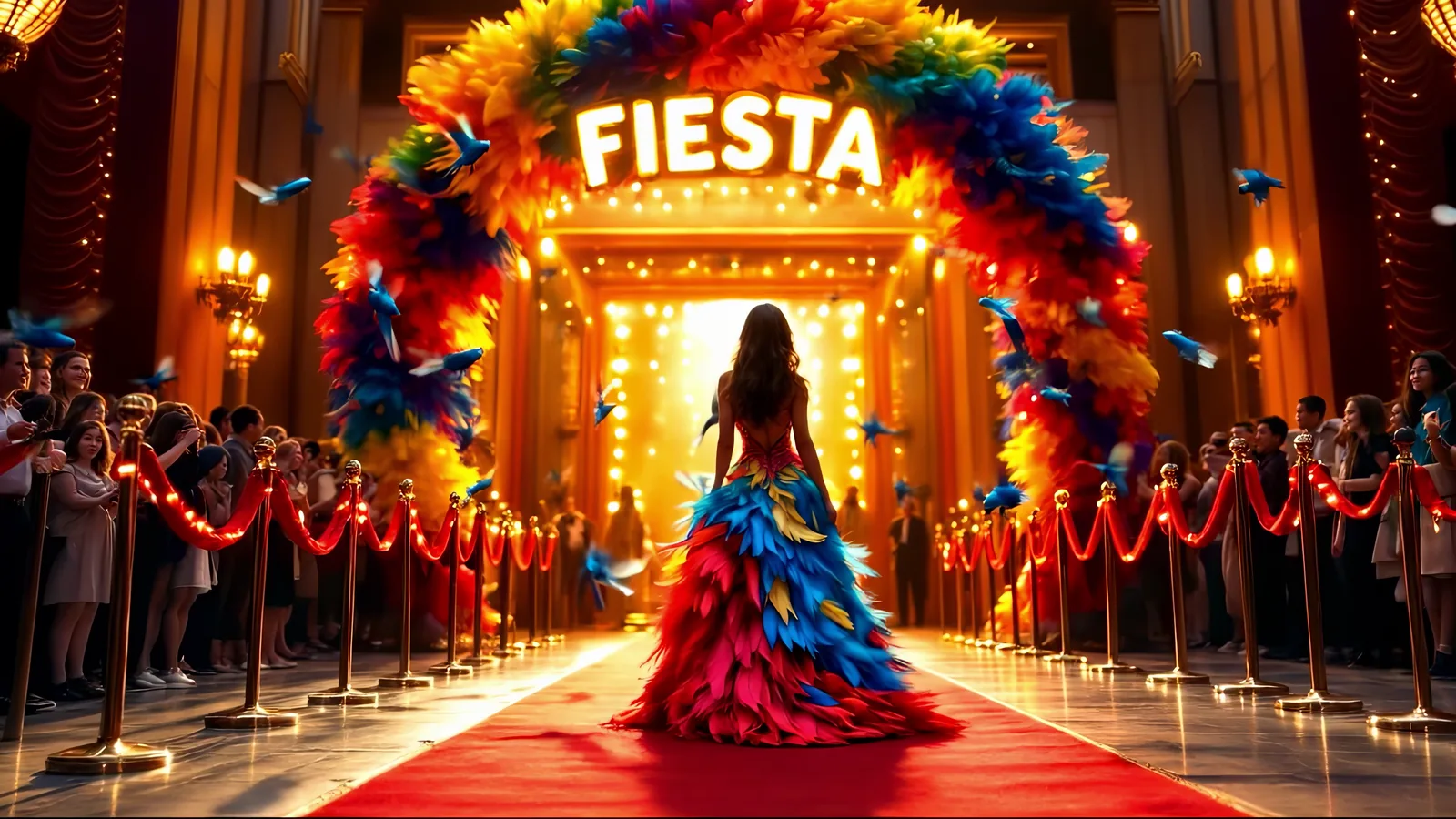 The singer in the full feather dress on a red carpet under a FIESTA arch
