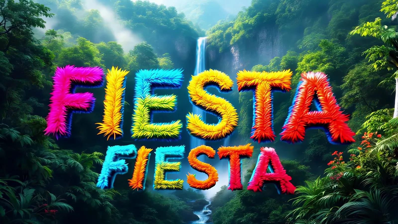 The words FIESTA FIESTA spelled in coloured feathers over a jungle waterfall