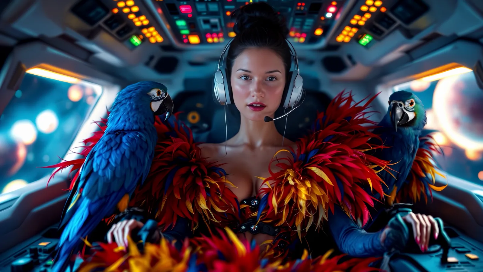 The singer in a spaceship cockpit with a headset, a blue macaw on each side