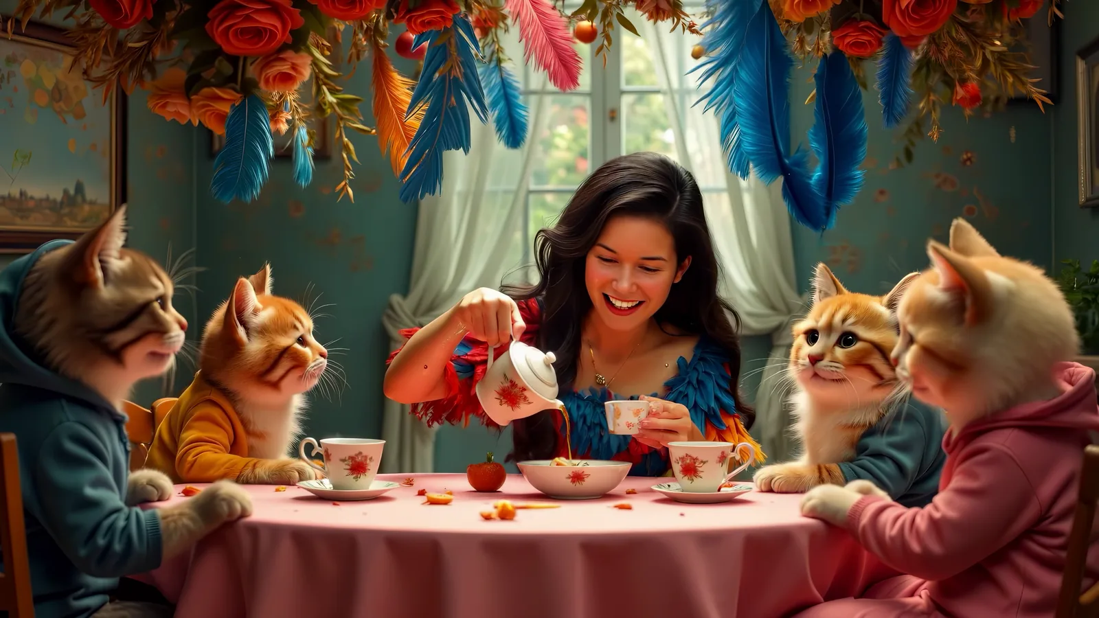 The singer pouring tea for cats seated at a pink table under a ceiling of feathers