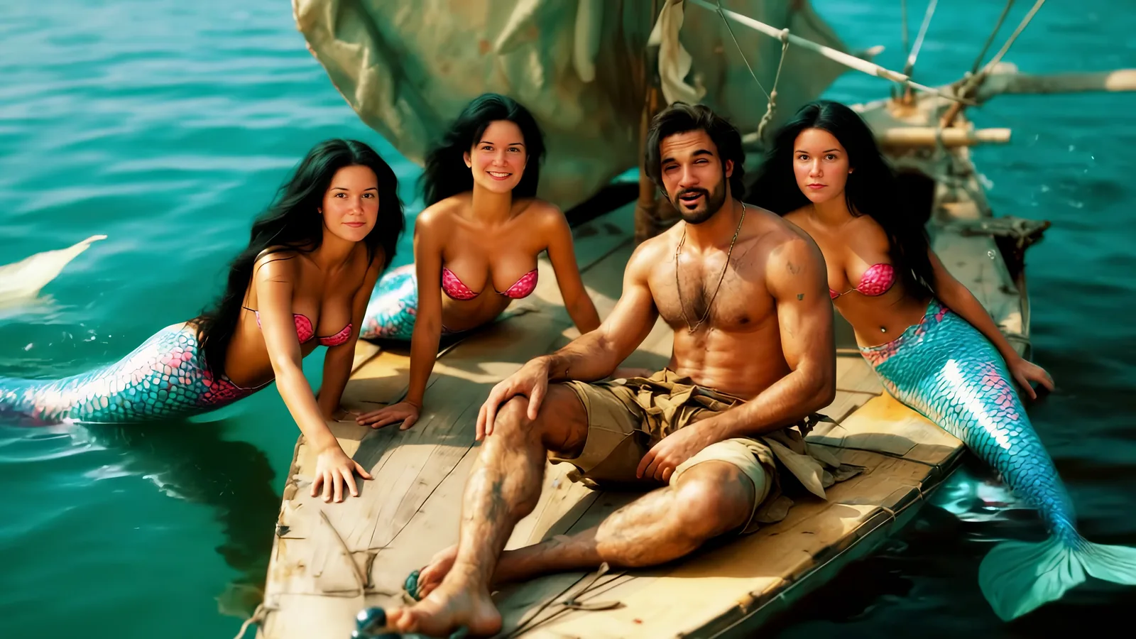 Three mermaids and a castaway on a wrecked boat in turquoise water
