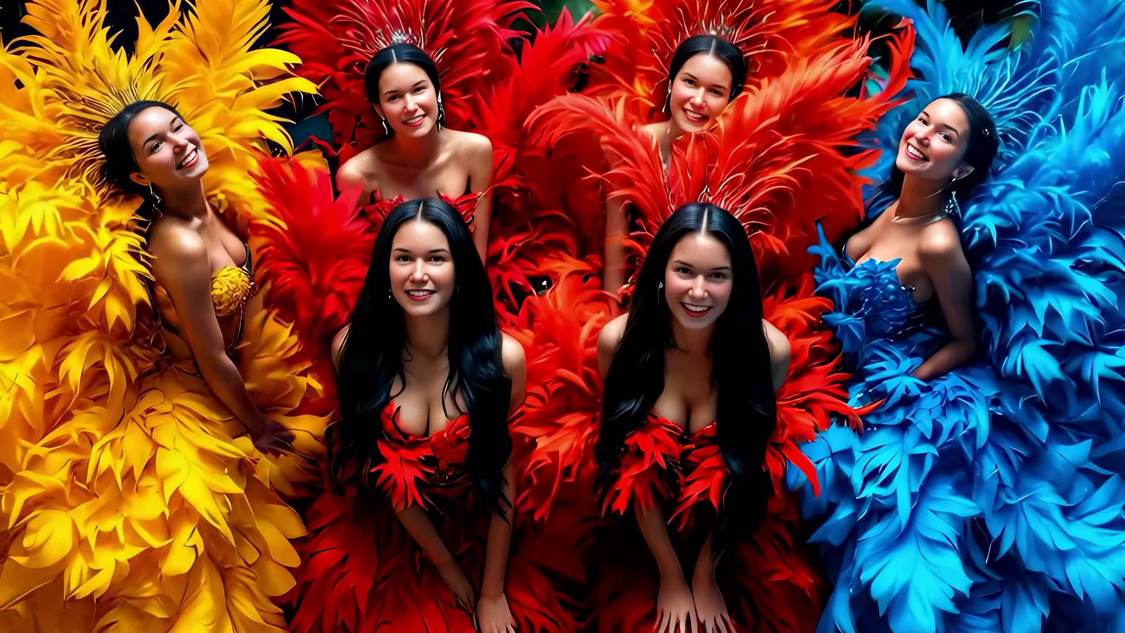 A chorus line of dancers in red, blue and yellow feather dresses