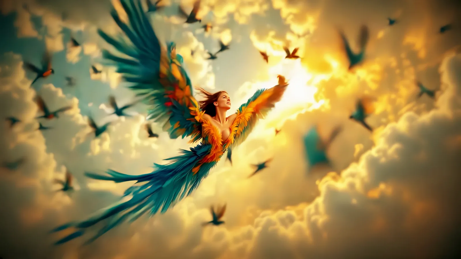 The singer flying with feather wings through a golden sky full of birds