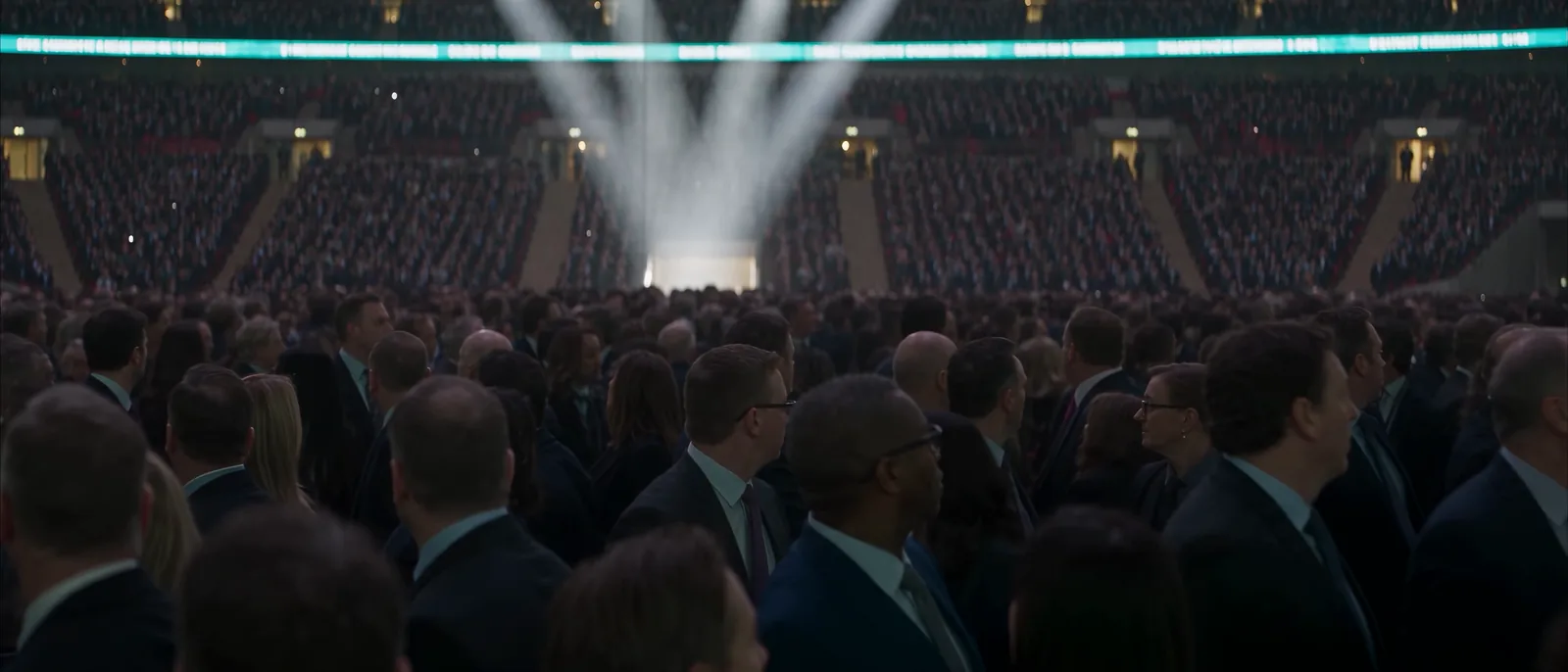 A packed arena, every spotlight pointed at an empty stage