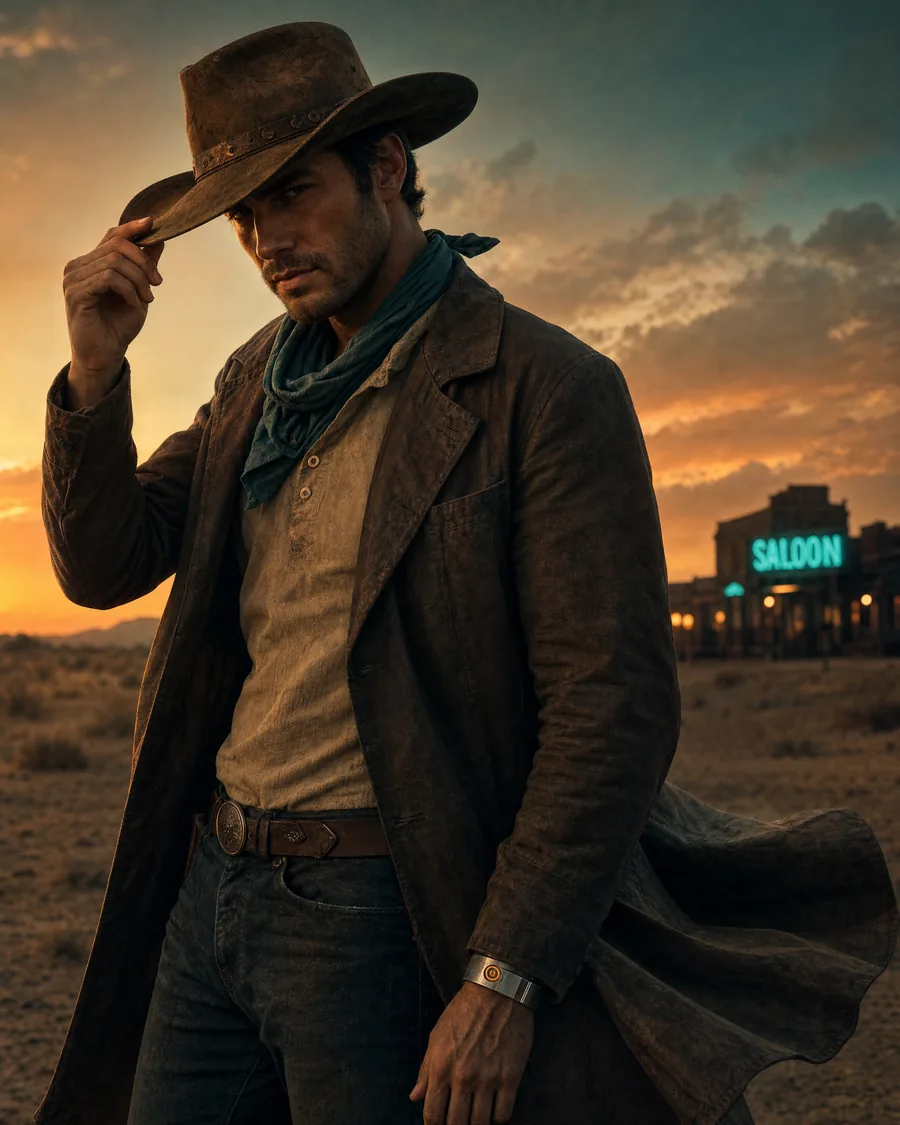 Caleb Morgan, the cowboy of the spot, in a leather duster against a desert sunset