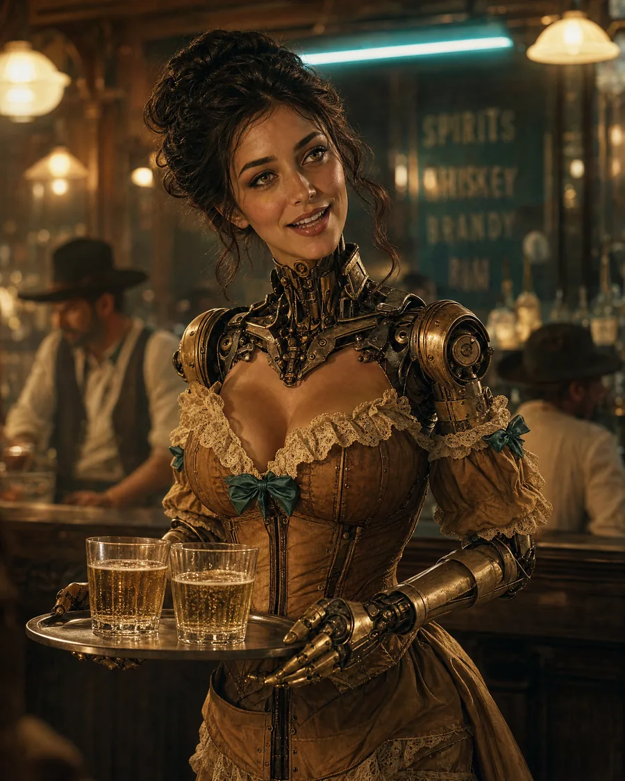 The Gilded Servant, the robot waitress of the spot, smiling with a tray in the saloon