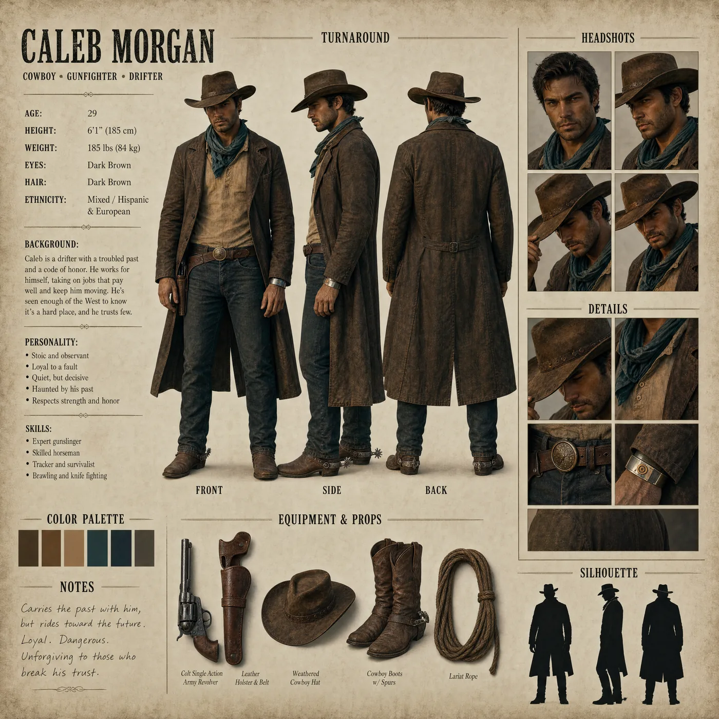 Character sheet of Caleb Morgan: front, profile and back views, expressions, props and colour palette