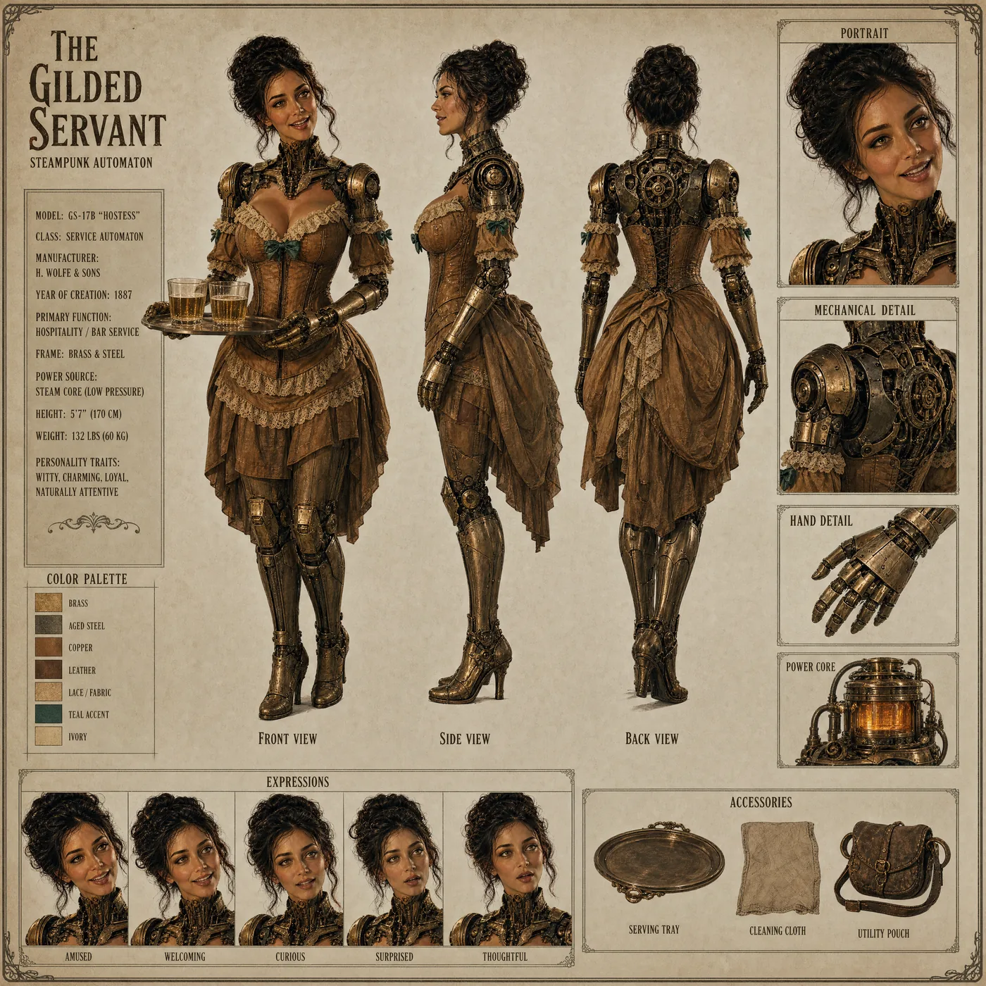 Character sheet of The Gilded Servant: front, profile and back views, expressions and mechanical details