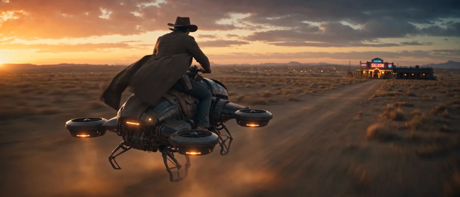 The cowboy rides a hovering drone across the desert at sunset, the saloon on the horizon