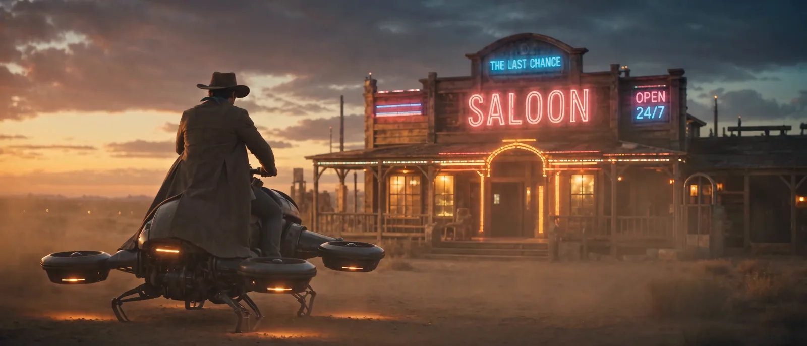 The drone settles in front of a saloon lit with neon signs