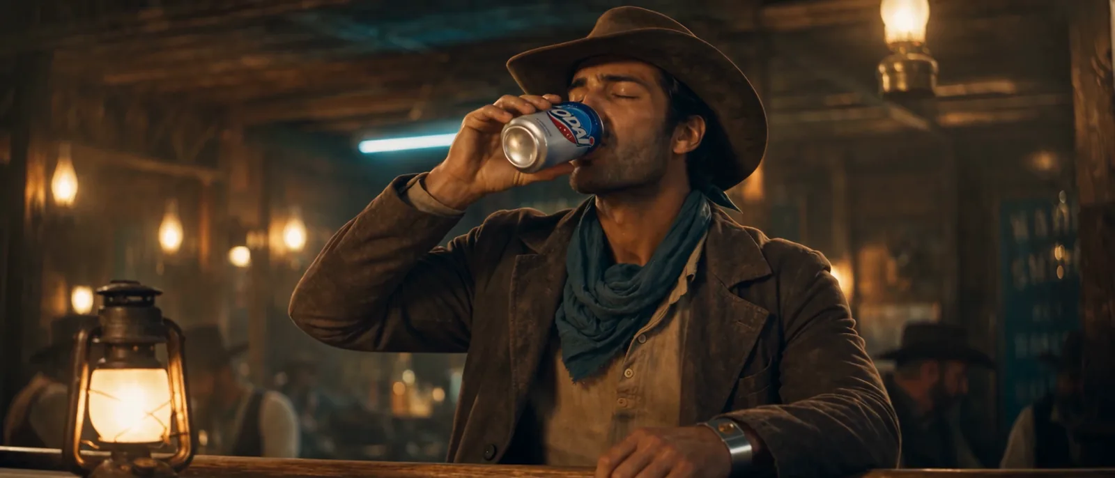 The cowboy drinks from the SODAI can at the counter, eyes closed, a lantern beside him