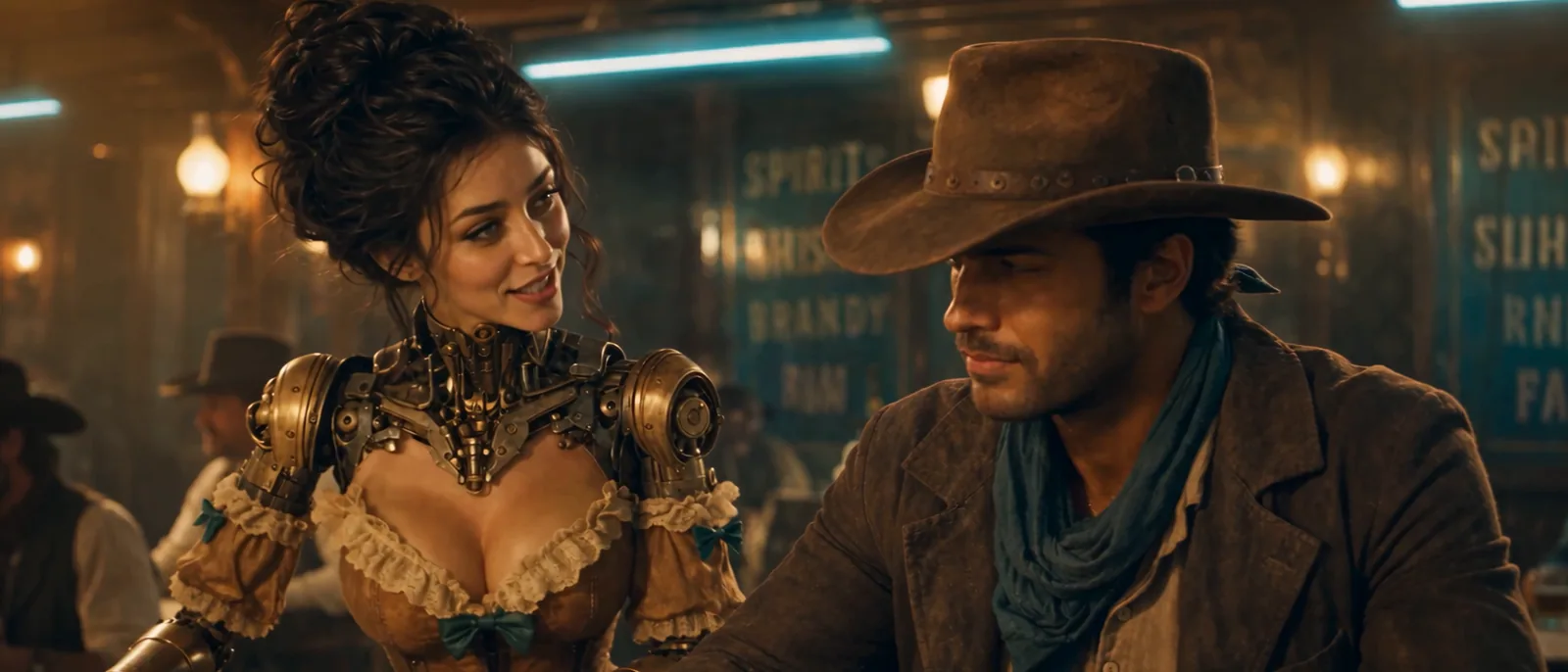 The robot waitress talks to the cowboy at the saloon counter