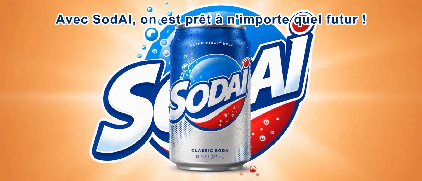 The packshot: SODAI logo, can and slogan on an orange background