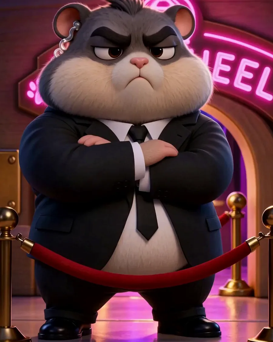 The bouncer, a huge dark hamster in a black suit, holding up a fake moustache