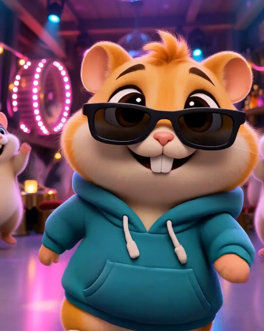The hamster in a teal hoodie and sunglasses, dancing under the club lights