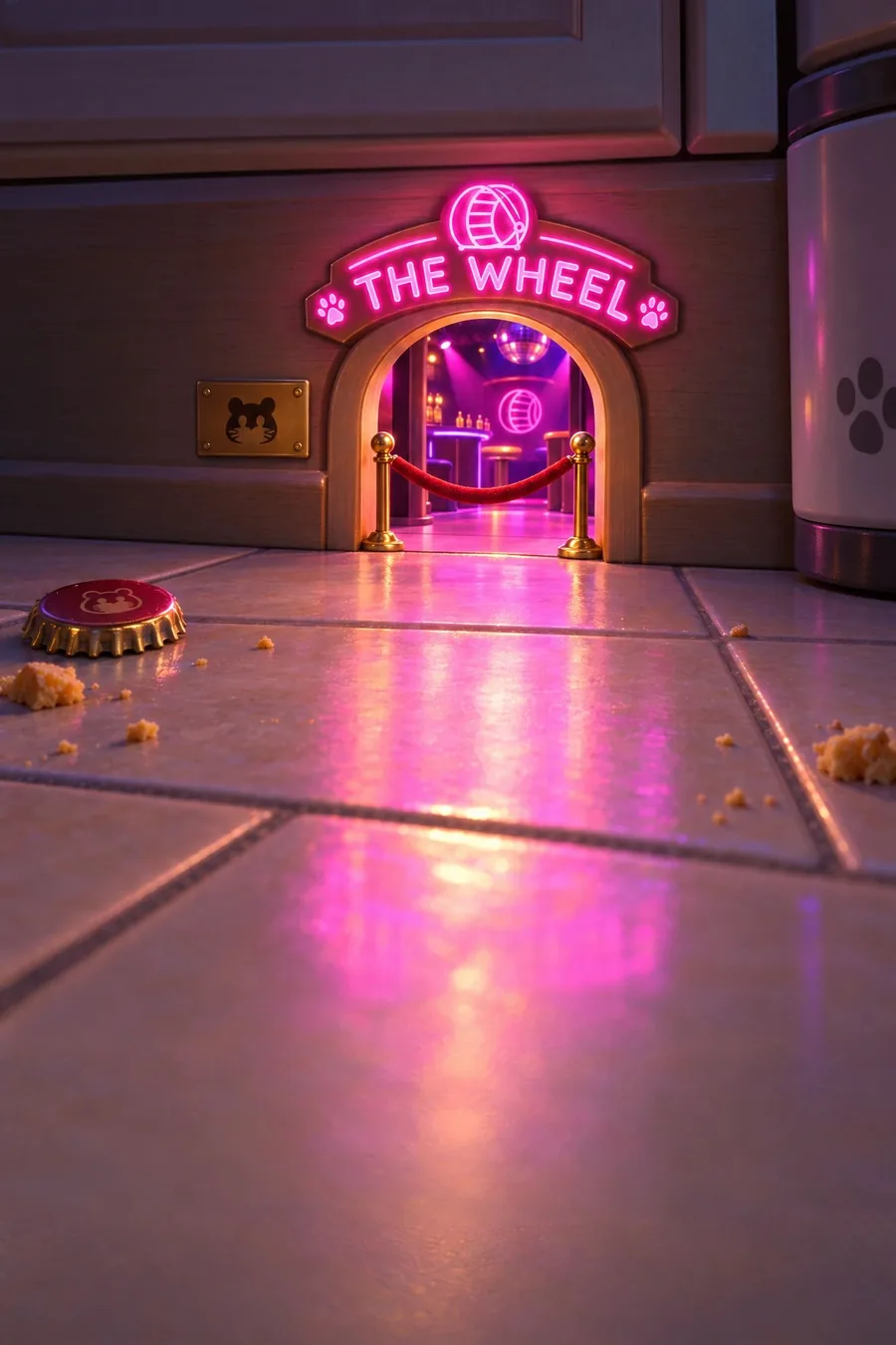 The entrance of The Wheel night club, with its neon sign and velvet rope