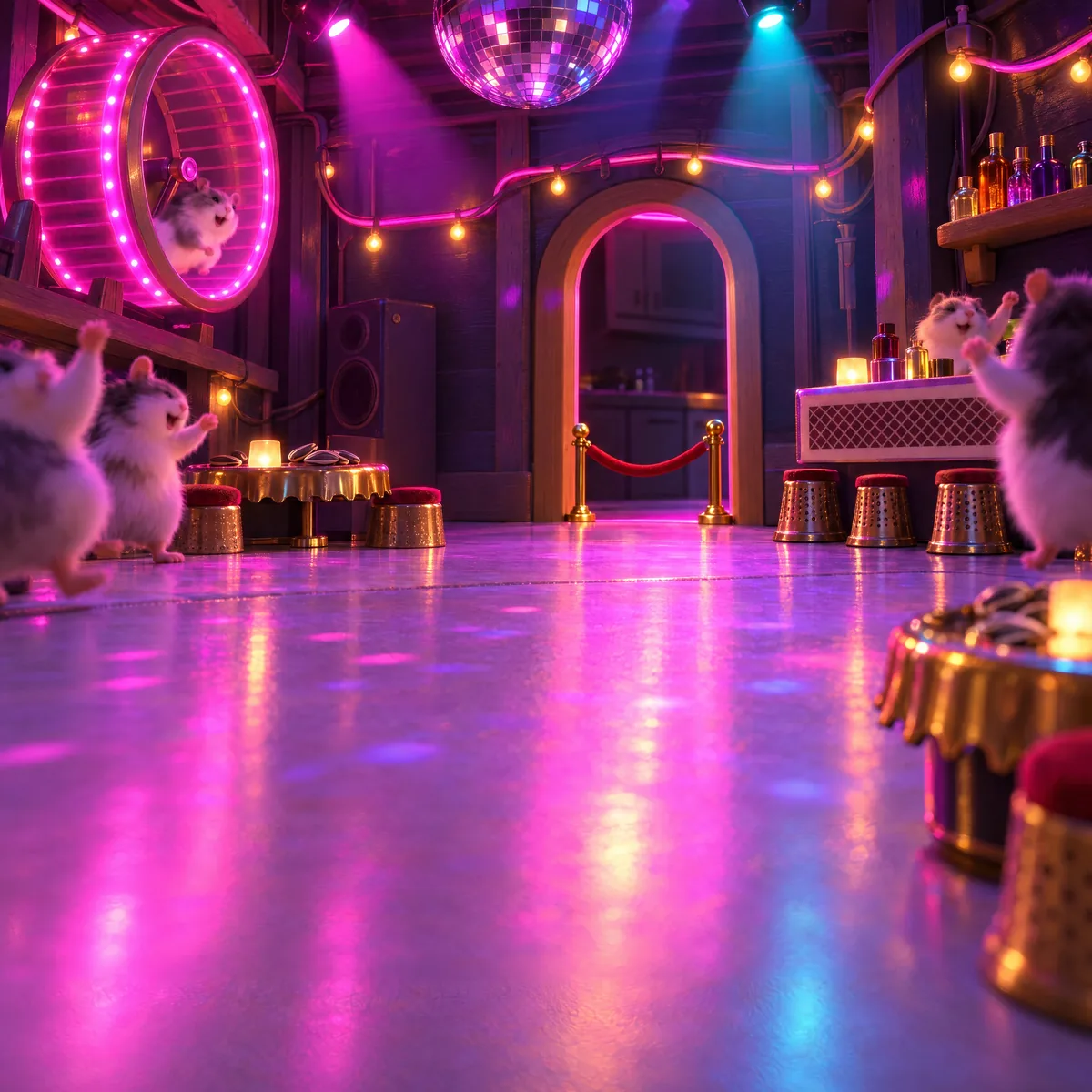 The dance floor of The Wheel, with a disco ball, neon rings and a bar