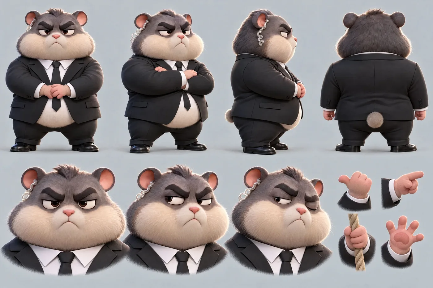 Character sheet of the bouncer: turnaround and expressions
