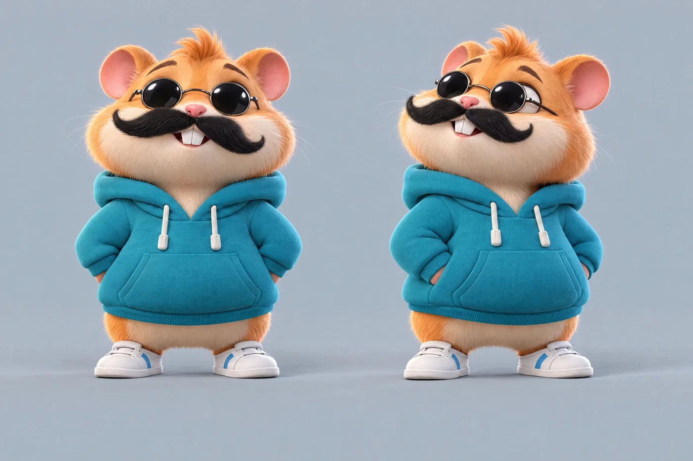 Character sheet of the hamster in disguise, with sunglasses and a fake moustache