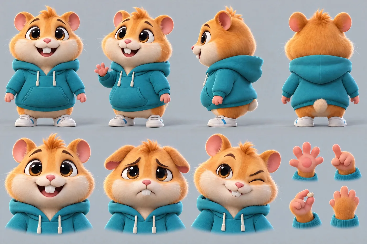 Character sheet of the hamster: turnaround and expressions