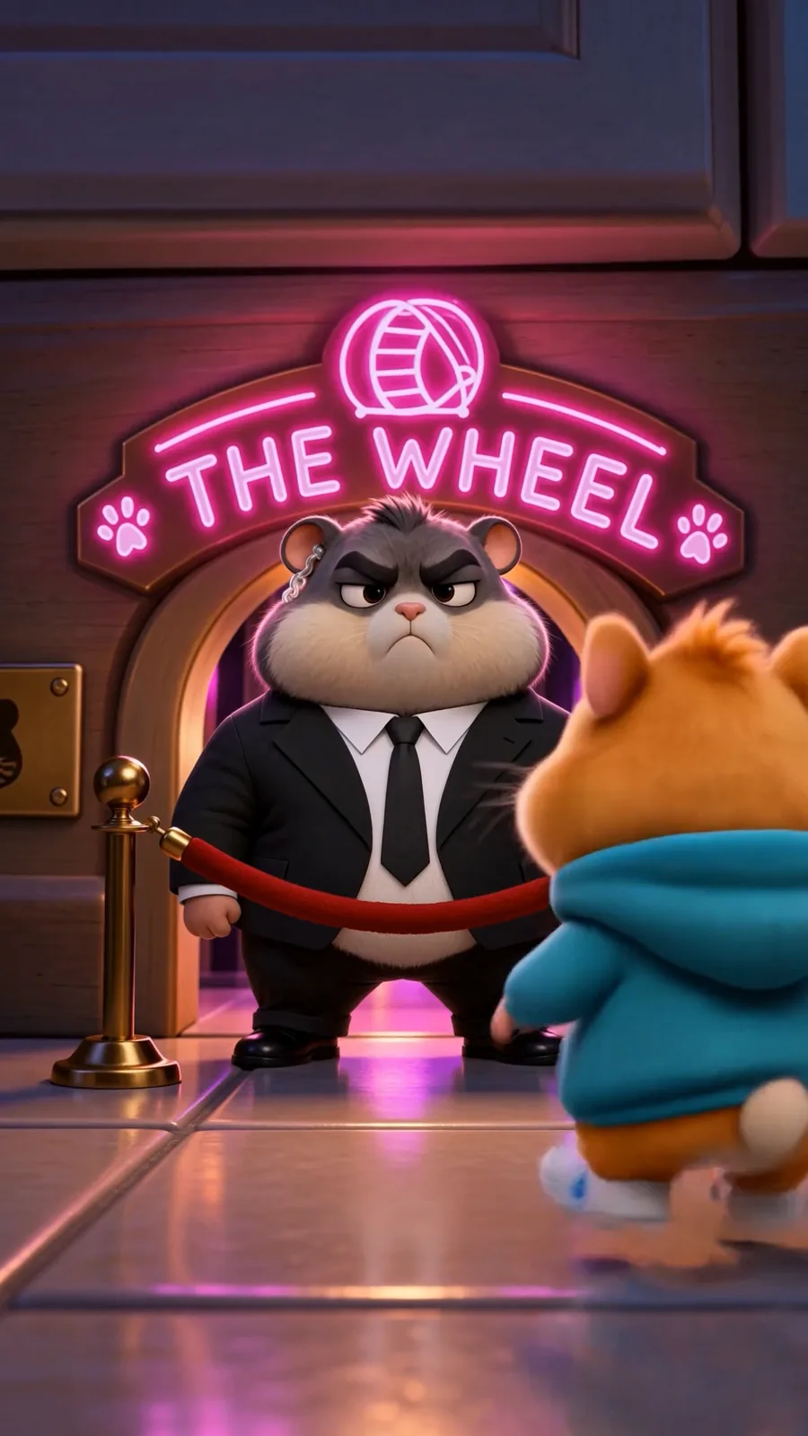 The hamster arrives at the club entrance, facing the bouncer behind the velvet rope