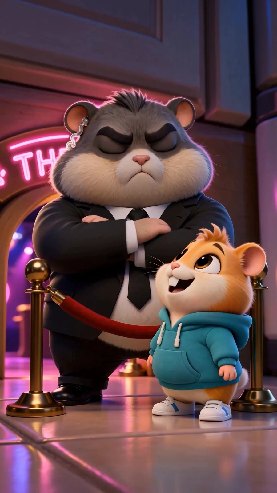 The hamster pleads with the bouncer, who keeps his arms crossed