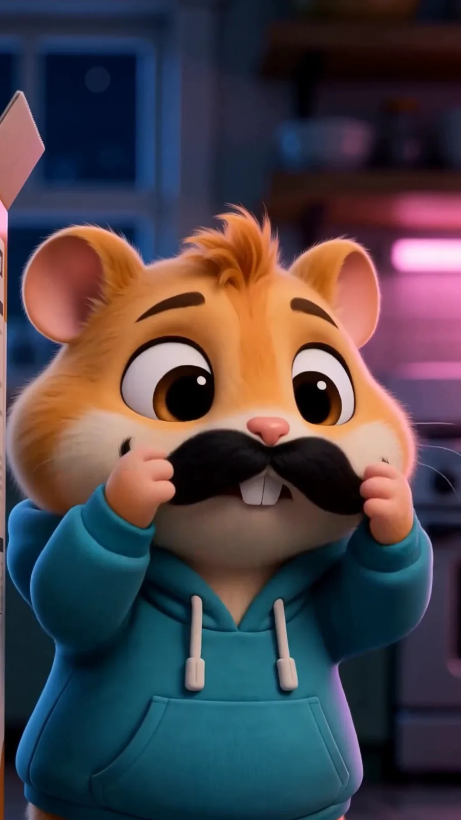 At home, the hamster presses a fake moustache onto his face