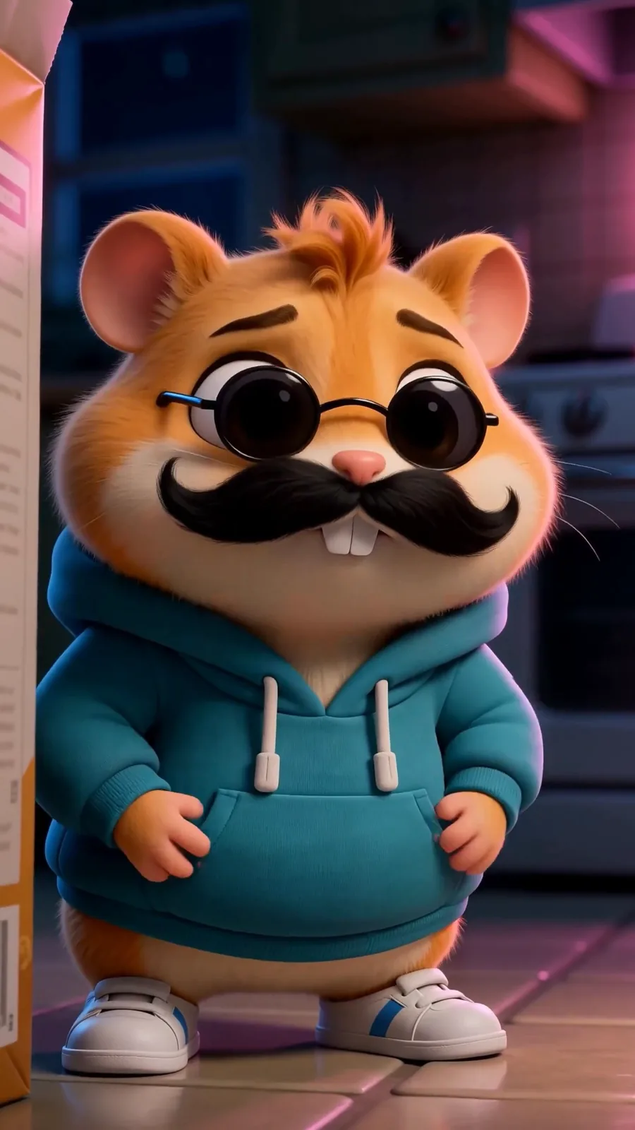 The hamster in full disguise: sunglasses and moustache