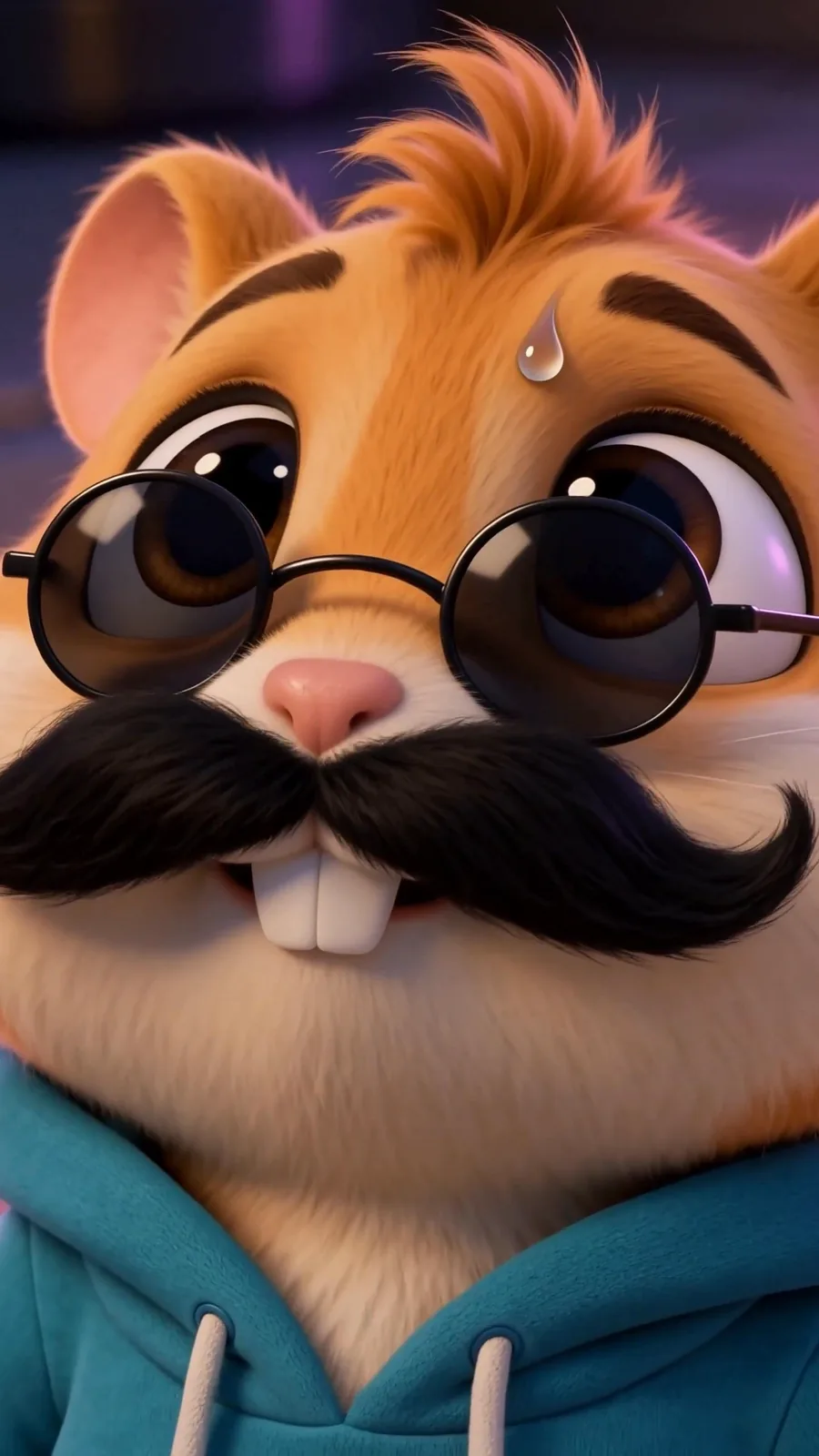 Close-up of the disguised hamster sweating behind his sunglasses