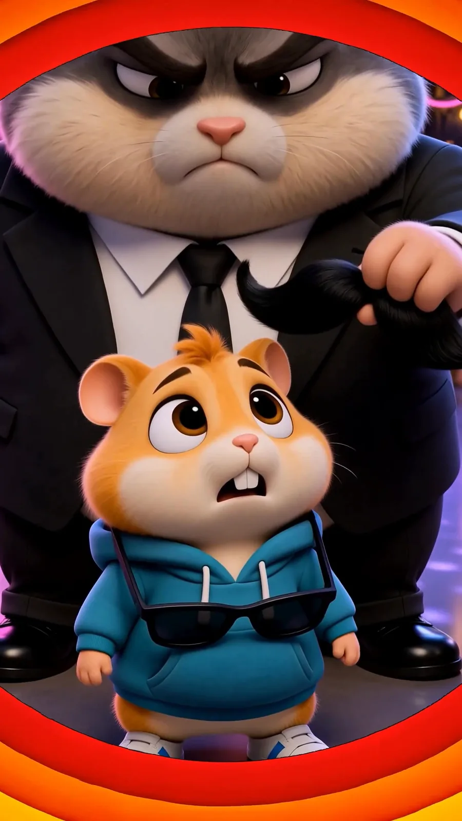 The bouncer looms behind the frightened hamster on the dance floor